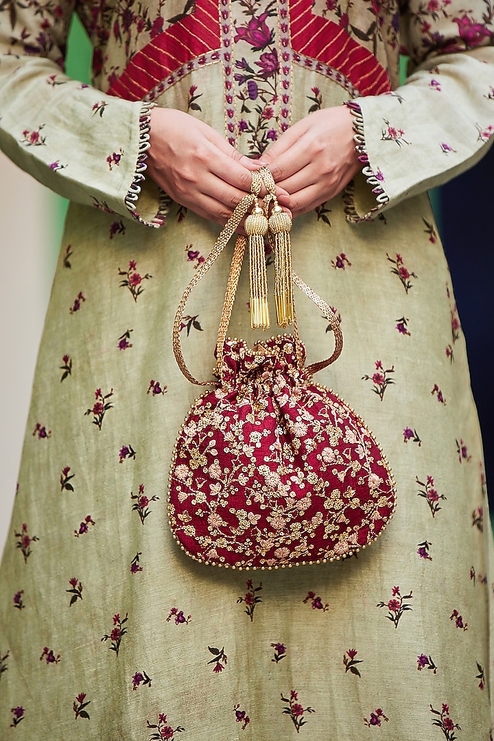 Maroon Poly Silk Embroidered Potli by AMYRA at Pernia's Pop Up Shop