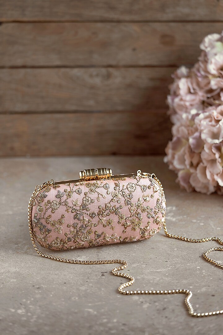 Peach Poly Silk Embroidered Clutch by AMYRA