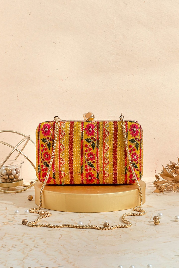 Mustard Poly Silk Gold Zari Embroidered Clutch by AMYRA