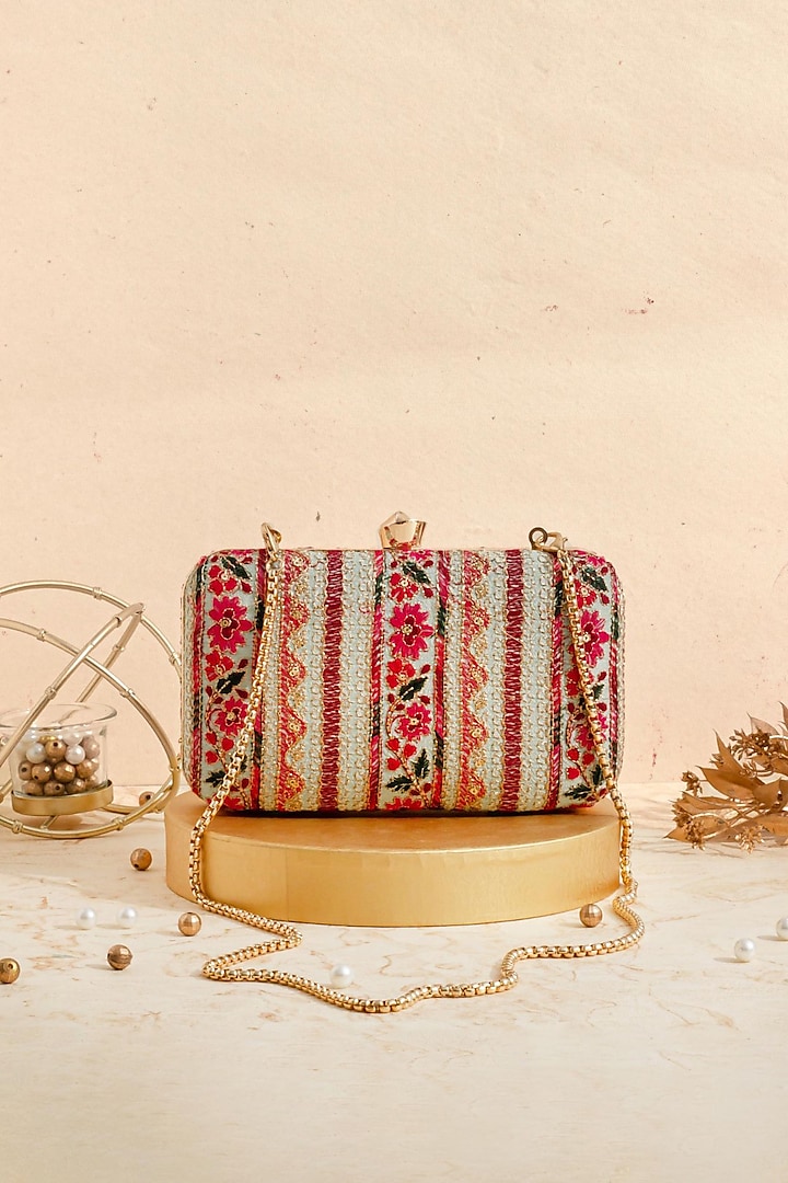Mint Poly Silk Gold Zari Embroidered Clutch by AMYRA