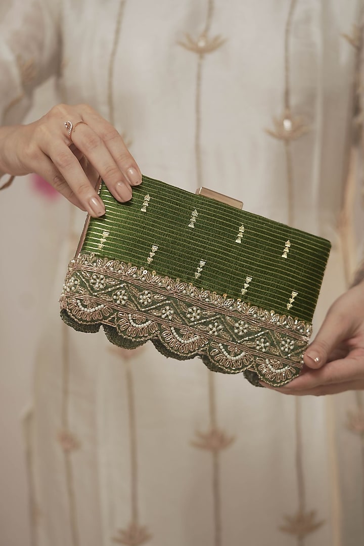 Mehendi Green Pure Silk Lace Embroidered Clutch by AMYRA