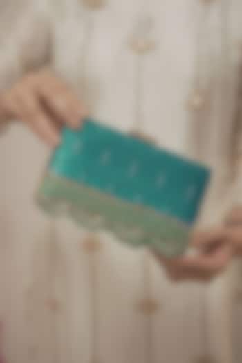 Turquoise Pure Silk Lace Embroidered Clutch by AMYRA