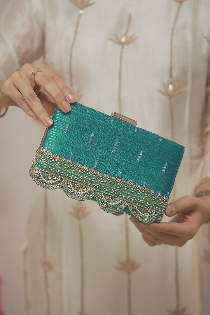 Turquoise Pure Silk Lace Embroidered Clutch by AMYRA