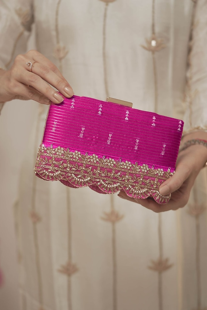 Pink Pure Silk Lace Embroidered Clutch by AMYRA