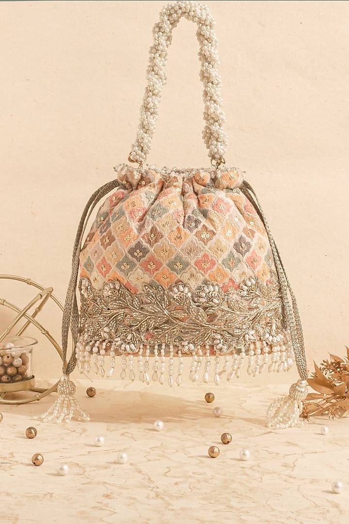 Multi-Colored Georgette Sequins Embroidered Bucket Bag by AMYRA