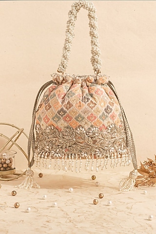 Multi-Colored Georgette Sequins Embroidered Bucket Bag by AMYRA