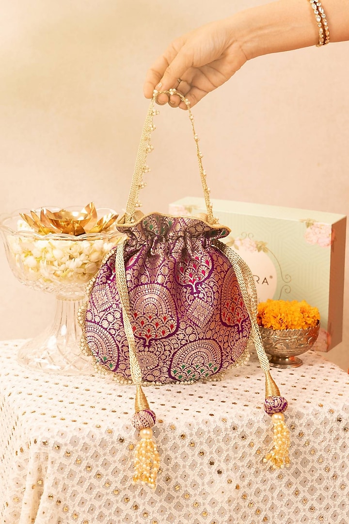 Purple Pure Banarasi Silk & Gold Tissue Pearl Embellished Potli by AMYRA at Pernia's Pop Up Shop