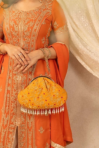 Orange Pure Banarasi Silk Gold Metal Chain Embellished Handcrafted Banarasi Purse by AMYRA