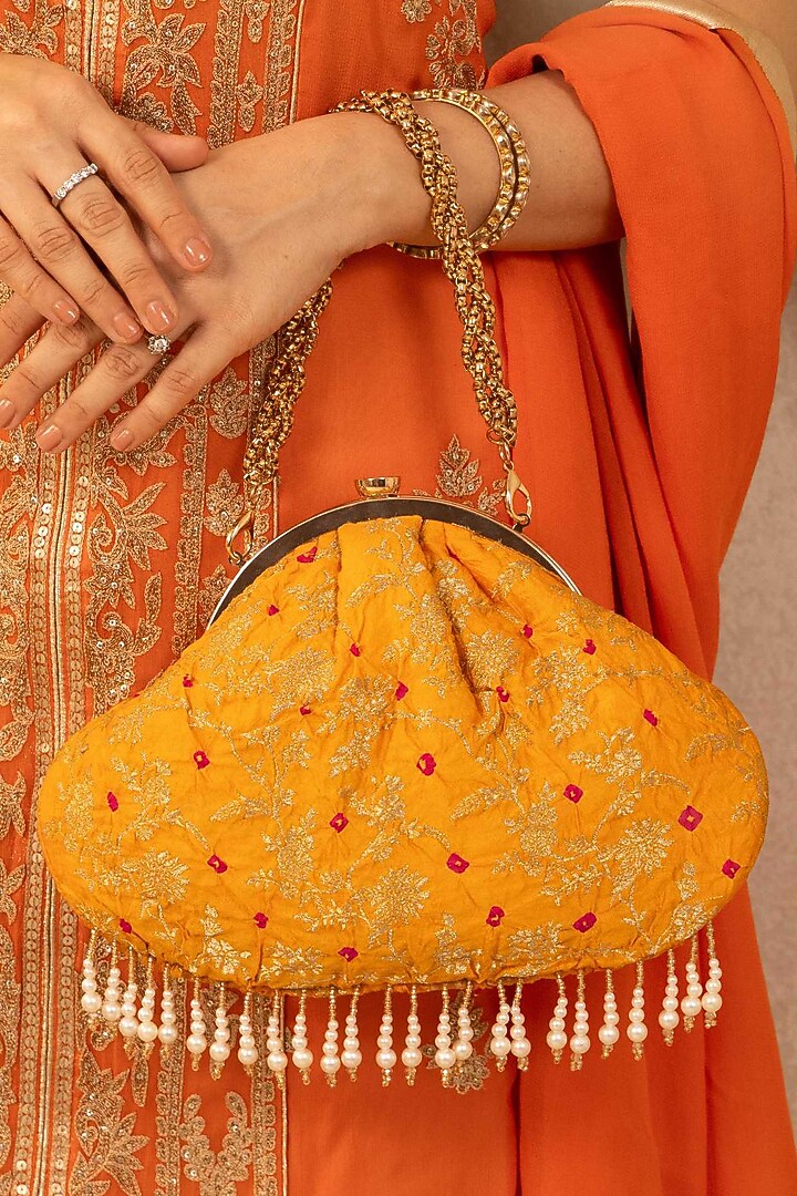 Orange Pure Banarasi Silk Gold Metal Chain Embellished Handcrafted Banarasi Purse by AMYRA at Pernia's Pop Up Shop