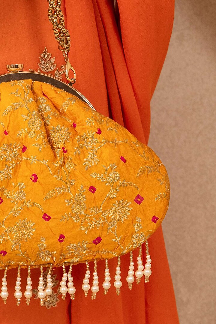 Orange Pure Banarasi Silk Gold Metal Chain Embellished Handcrafted Banarasi Purse by AMYRA at Pernia's Pop Up Shop