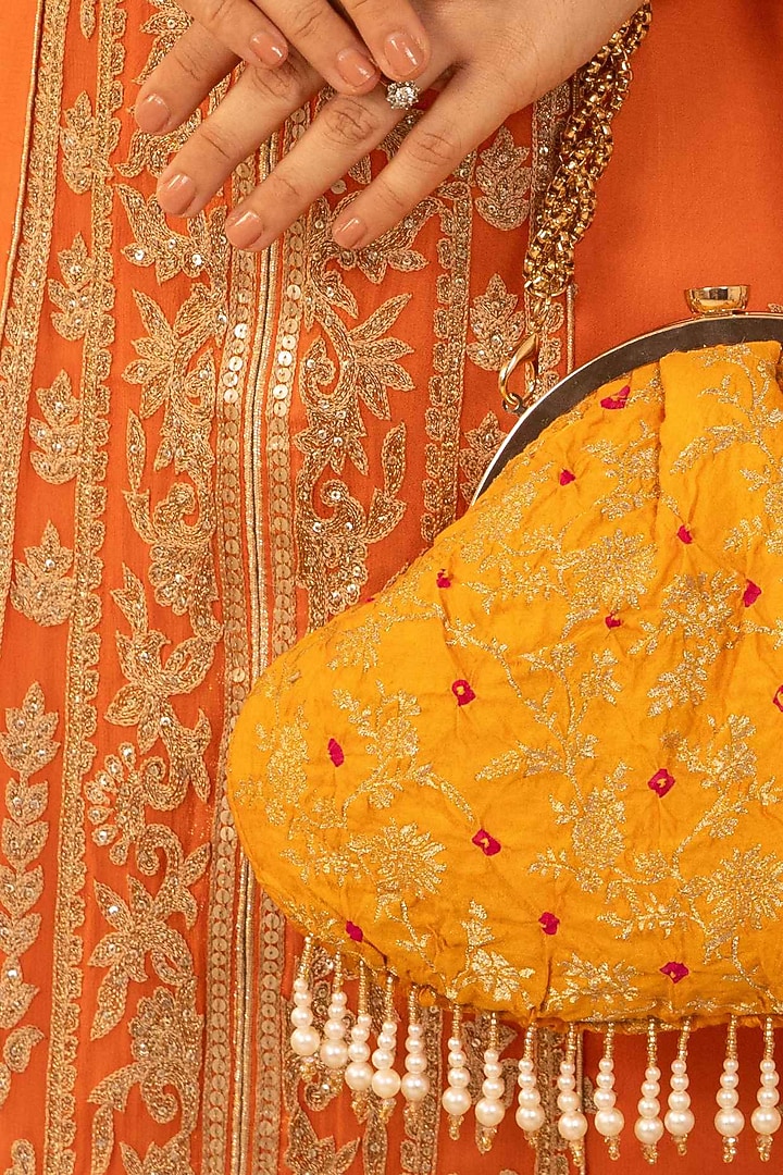 Orange Pure Banarasi Silk Gold Metal Chain Embellished Handcrafted Banarasi Purse by AMYRA at Pernia's Pop Up Shop