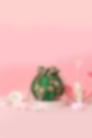 Green Pure Raw Silk Thread & Bead Embroidered Potli by AMYRA at Pernia's Pop Up Shop