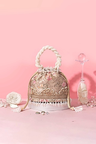 Grey Organza Brocade Floral Bucket bag by AMYRA