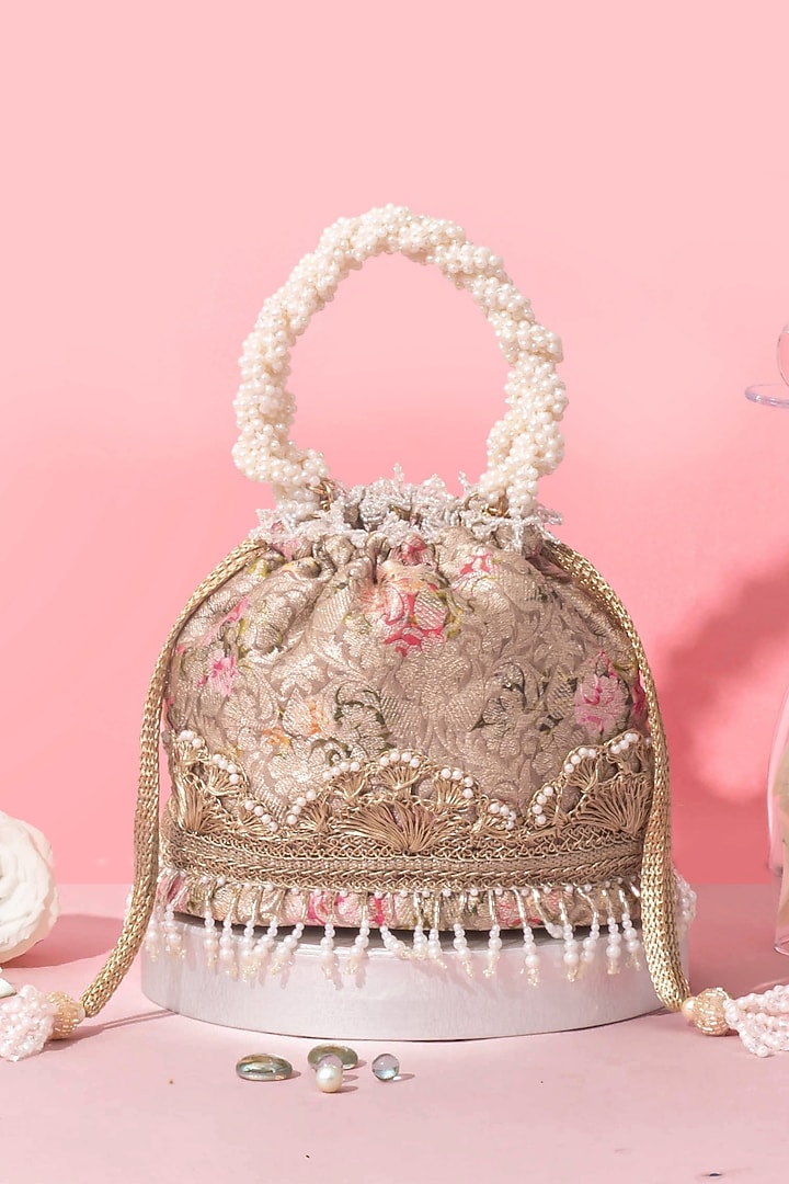 Grey Organza Brocade Floral Bucket bag by AMYRA at Pernia's Pop Up Shop