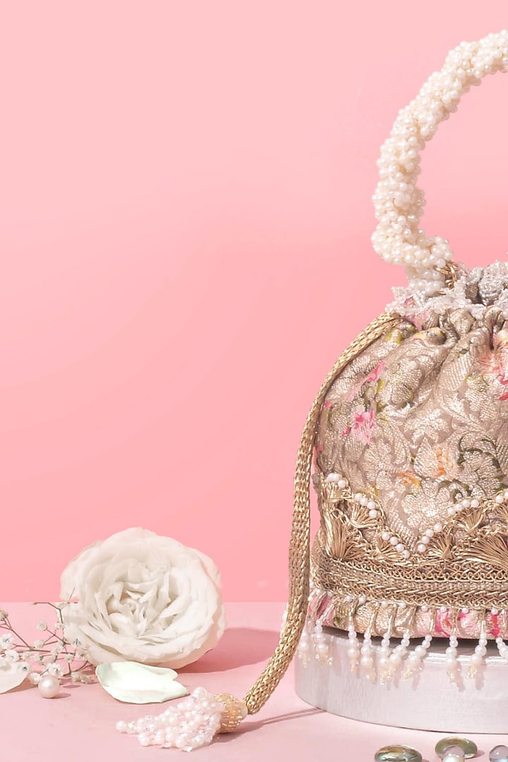 Grey Organza Brocade Floral Bucket bag by AMYRA at Pernia's Pop Up Shop