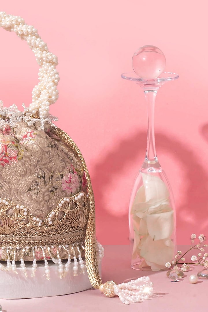 Grey Organza Brocade Floral Bucket bag by AMYRA at Pernia's Pop Up Shop