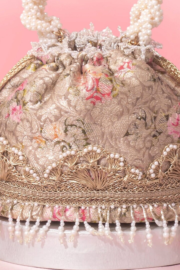 Grey Organza Brocade Floral Bucket bag by AMYRA at Pernia's Pop Up Shop