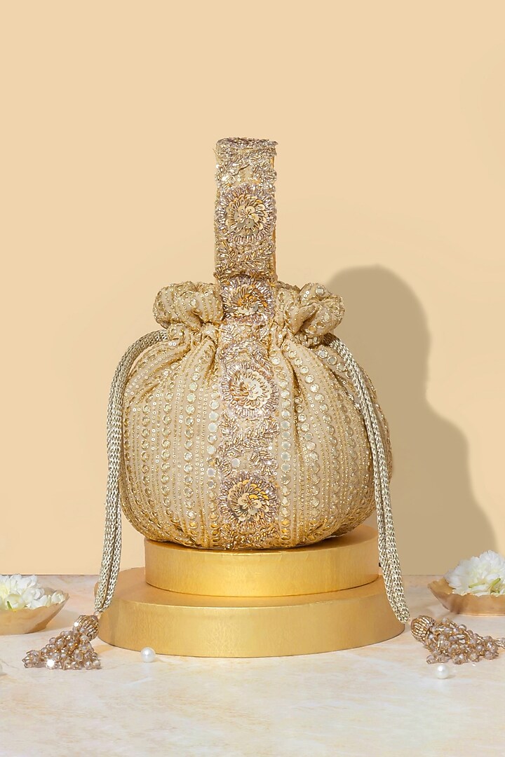 Gold Georgette Mirror Embroidered Round Potli by AMYRA at Pernia's Pop Up Shop