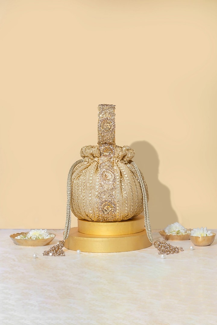 Gold Georgette Mirror Embroidered Round Potli by AMYRA at Pernia's Pop Up Shop