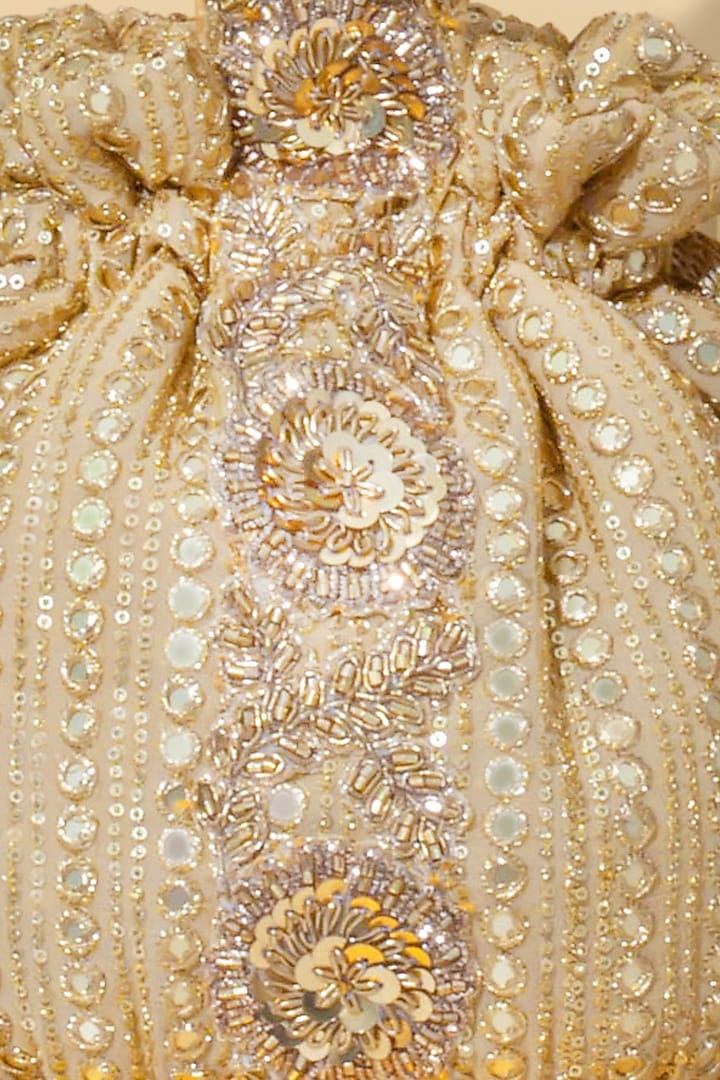 Gold Georgette Mirror Embroidered Round Potli by AMYRA at Pernia's Pop Up Shop