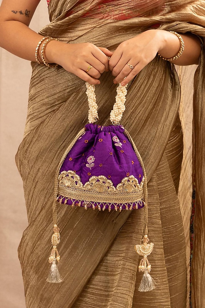 Violet Bandhani Silk Lace Embellished Bucket Bag by AMYRA at Pernia's Pop Up Shop