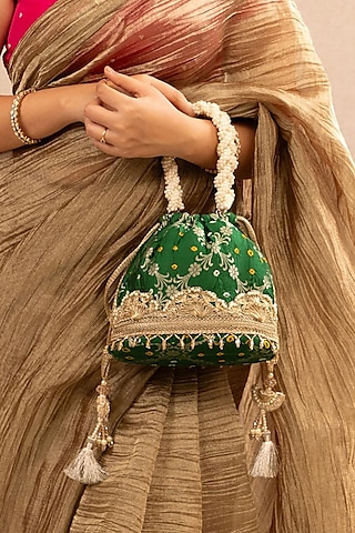 Green Bandhani Silk Lace Embellished Bucket Bag by AMYRA