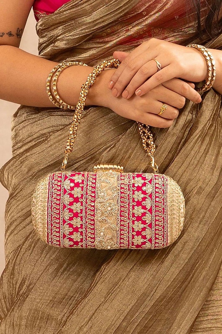 Pink & Peach Poly Silk Lace Embroidered Clutch by AMYRA at Pernia's Pop Up Shop