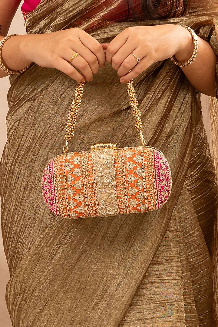 Pink & Orange Poly Silk Lace Embroidered Clutch by AMYRA at Pernia's Pop Up Shop