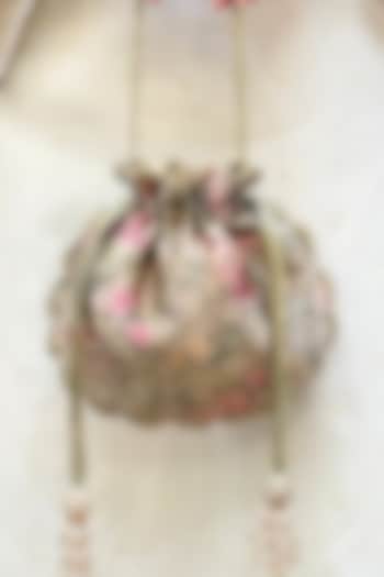 Grey Pure Banarasi Silk Pearl Embellished Potli by AMYRA at Pernia's Pop Up Shop