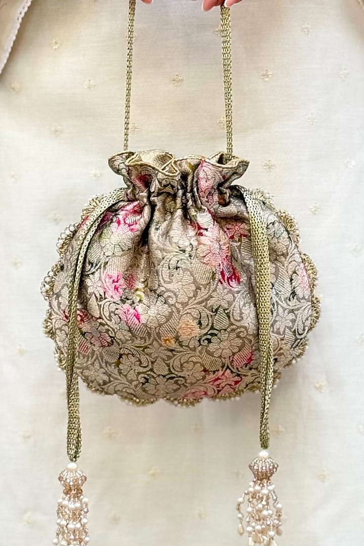 Grey Pure Banarasi Silk Pearl Embellished Potli by AMYRA at Pernia's Pop Up Shop