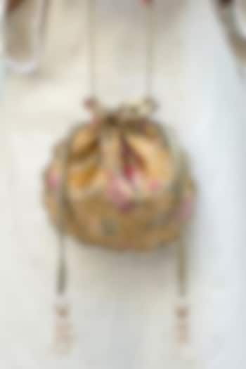 Mustard Pure Banarasi Silk Pearl Embellished Potli by AMYRA at Pernia's Pop Up Shop