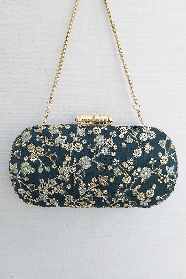 Green Poly Silk Embroidered Clutch by AMYRA