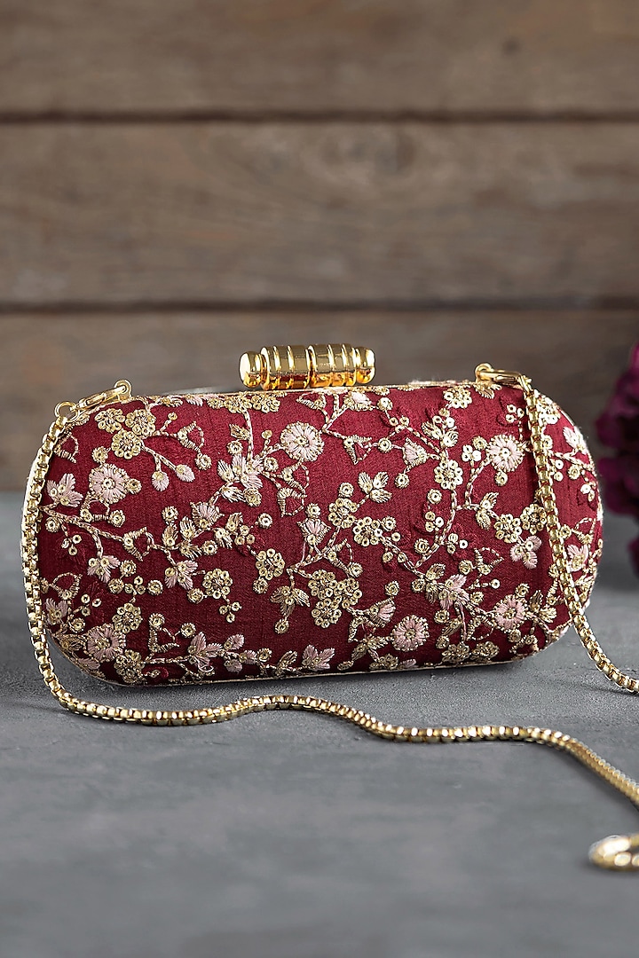 Maroon Poly Silk Embroidered Clutch by AMYRA