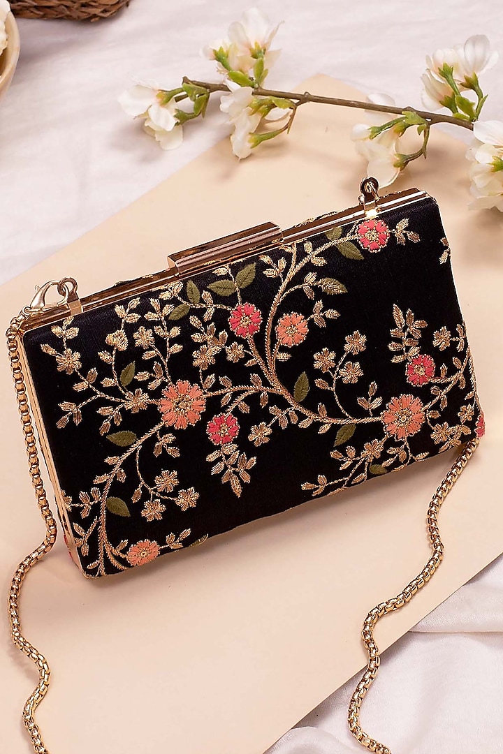 Black Poly Silk Embroidered Clutch by AMYRA