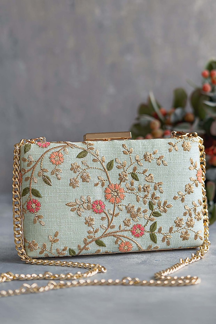 Mint Poly Silk Embroidered Clutch by AMYRA