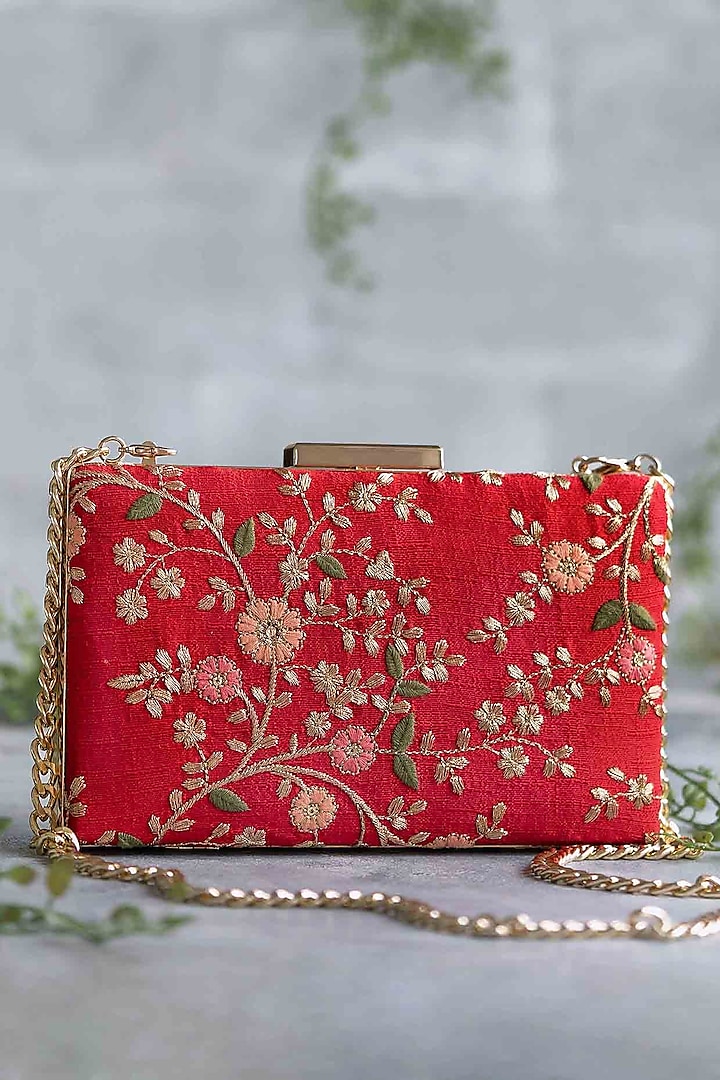 Red Poly Silk Embroidered Clutch by AMYRA