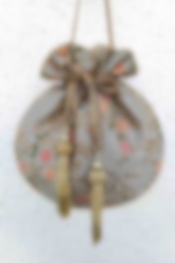 Grey Poly Silk Embroidered Potli by AMYRA at Pernia's Pop Up Shop