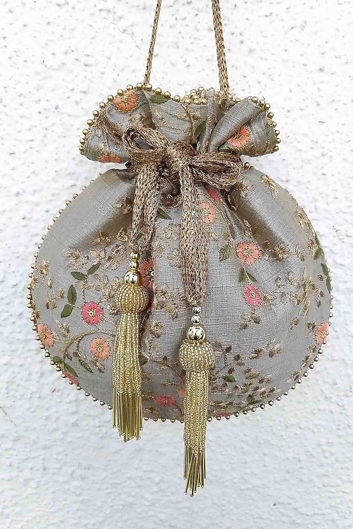 Grey Poly Silk Embroidered Potli by AMYRA at Pernia's Pop Up Shop