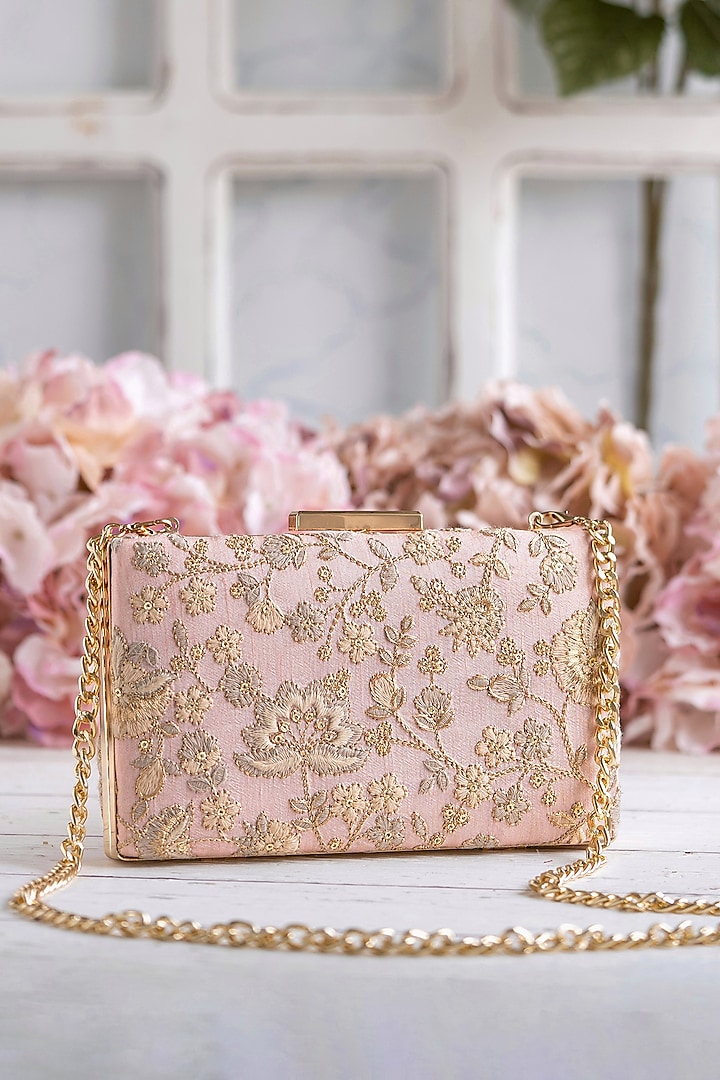 Peach Pink Poly Silk Embroidered Clutch by AMYRA