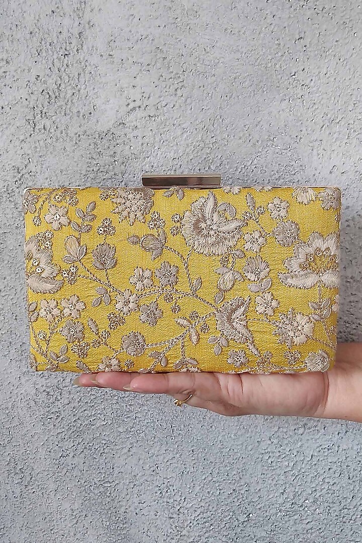 Yellow Poly Silk Embroidered Clutch by AMYRA