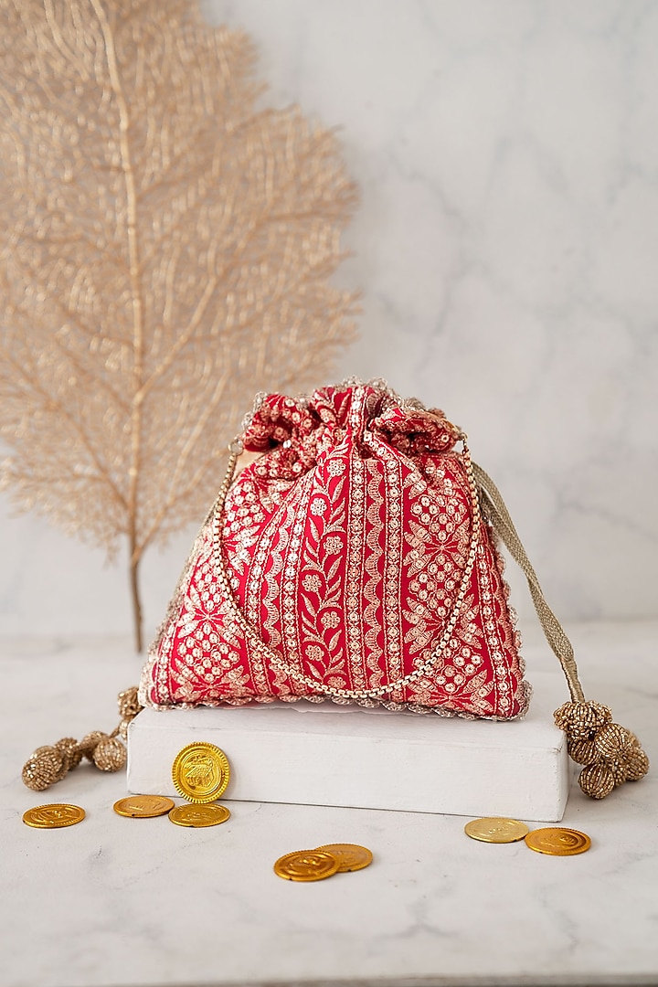 Red Poly Silk Embroidered Potli Bag by AMYRA