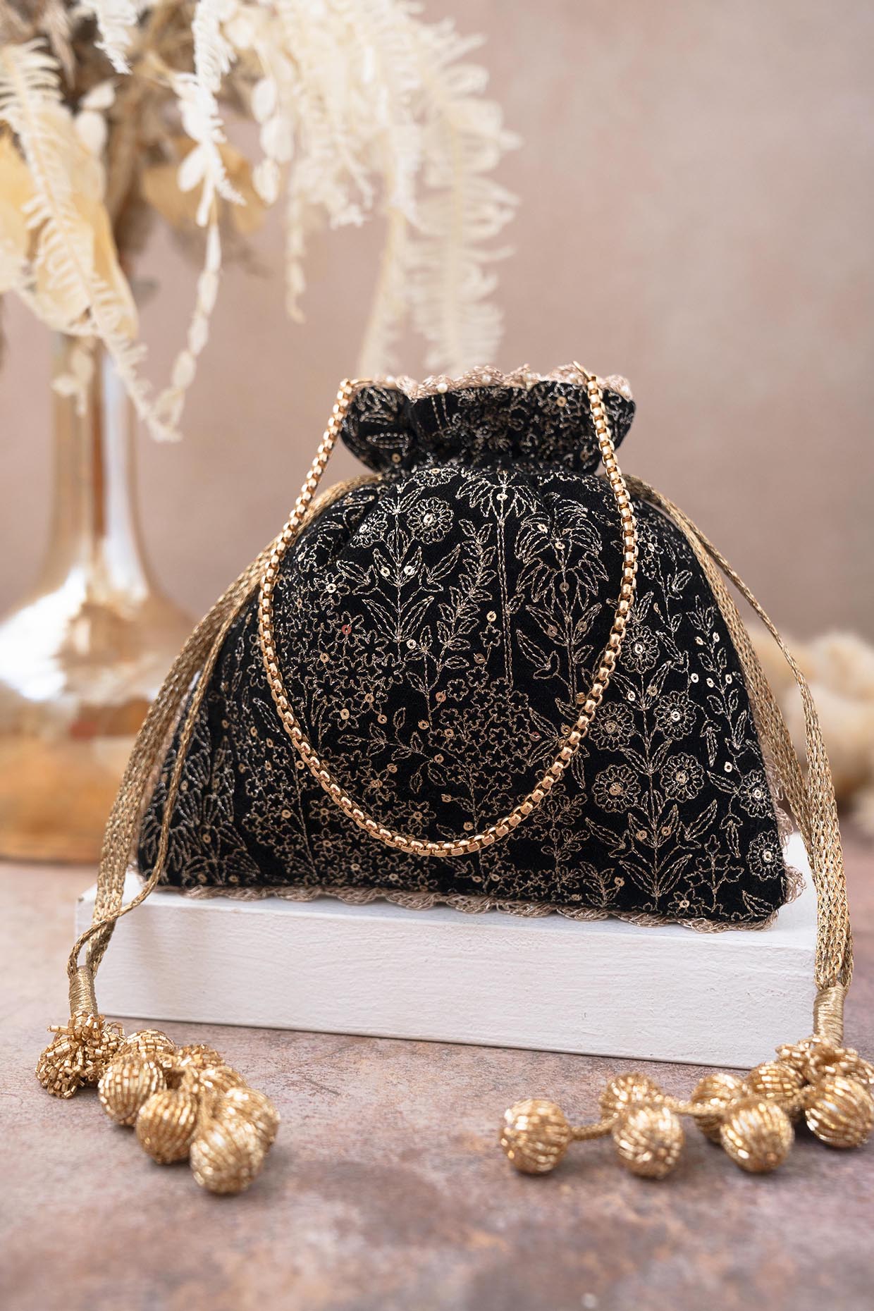 Heavy handwork Bead And Sequin Embellished Potli Bag- Black