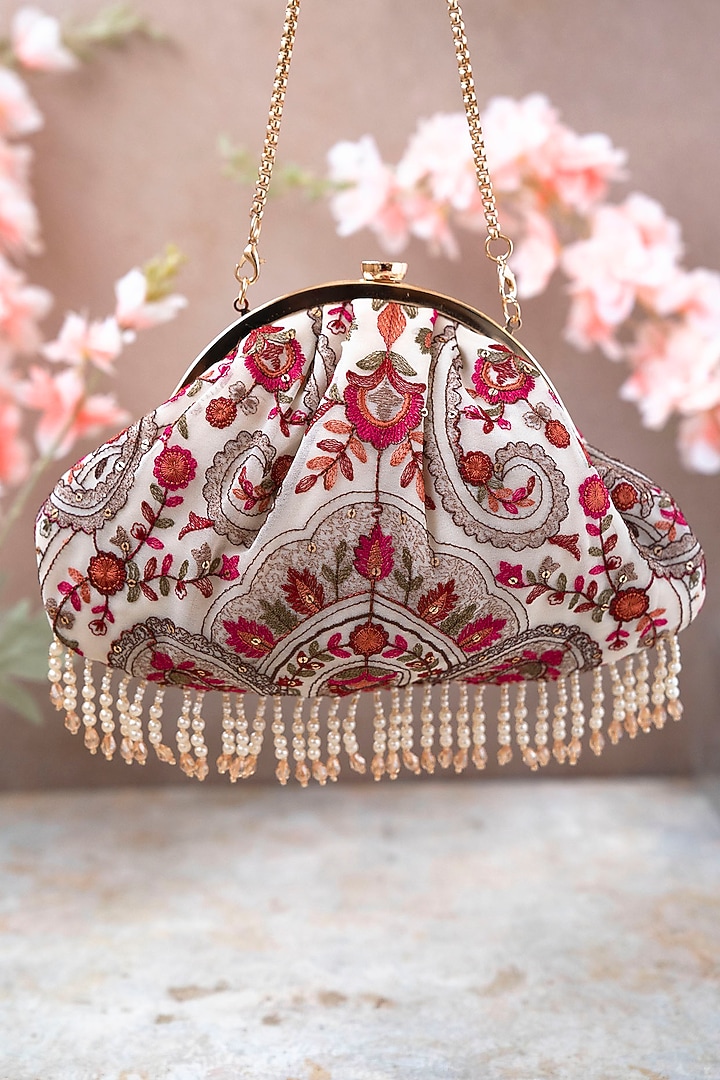 Off-White Georgette Embroidered Clutch by AMYRA at Pernia's Pop Up Shop