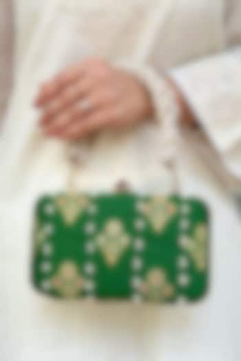 Green Pure Silk Pearl Hand Embellished Clutch by AMYRA at Pernia's Pop Up Shop