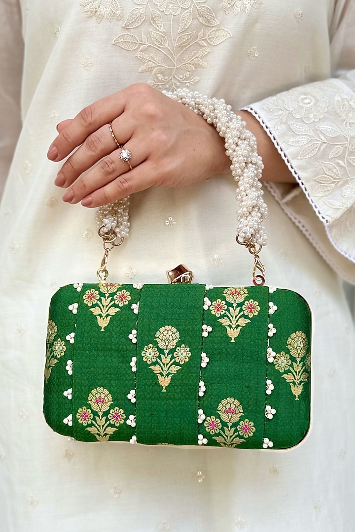 Green Pure Silk Pearl Hand Embellished Clutch by AMYRA at Pernia's Pop Up Shop
