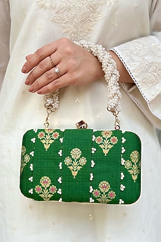 Green Pure Silk Pearl Hand Embellished Clutch by AMYRA