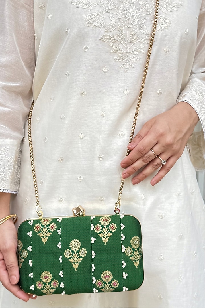 Green Pure Silk Pearl Hand Embellished Clutch by AMYRA at Pernia's Pop Up Shop