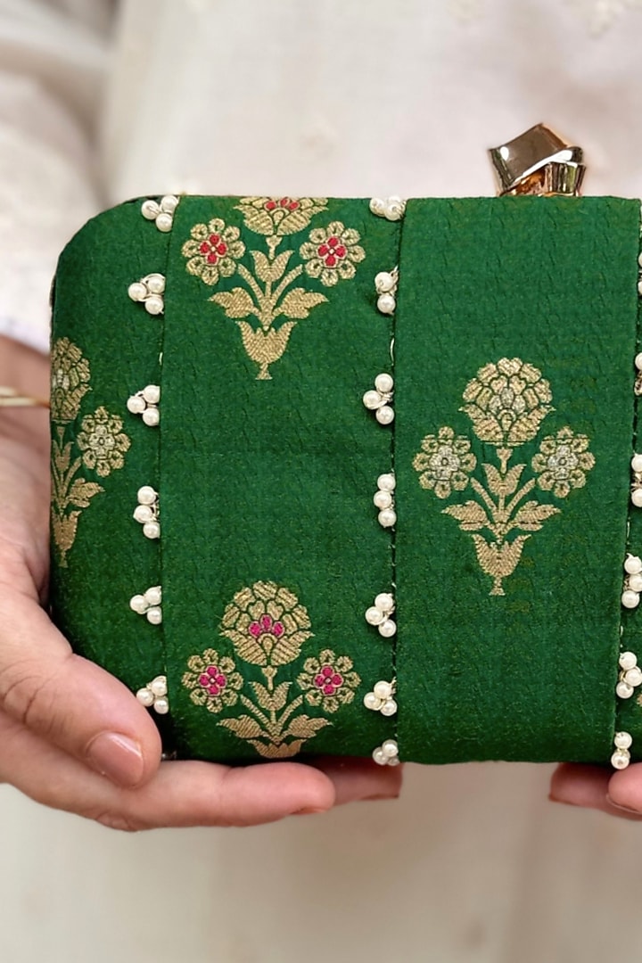 Green Pure Silk Pearl Hand Embellished Clutch by AMYRA at Pernia's Pop Up Shop