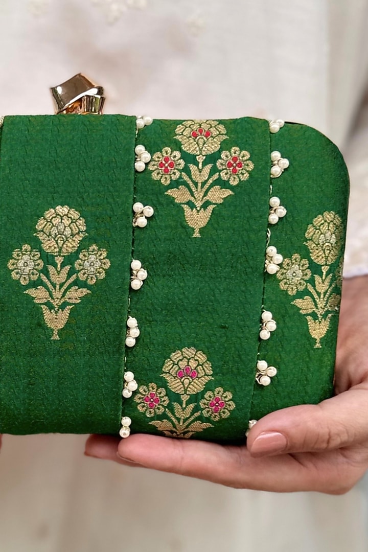 Green Pure Silk Pearl Hand Embellished Clutch by AMYRA at Pernia's Pop Up Shop