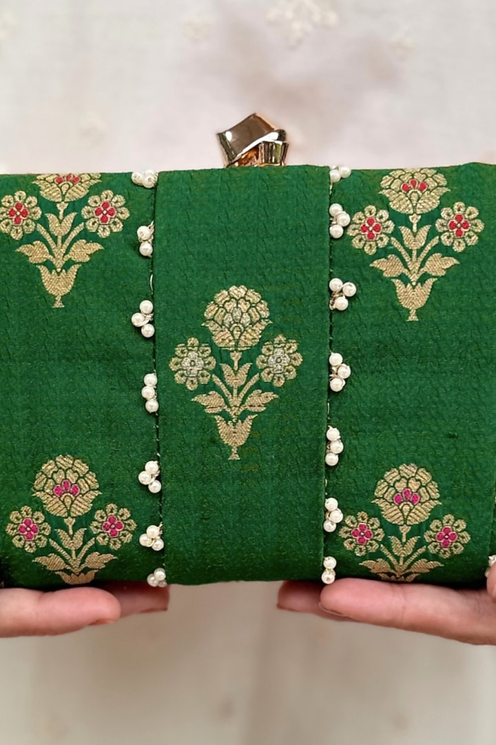 Green Pure Silk Pearl Hand Embellished Clutch by AMYRA at Pernia's Pop Up Shop